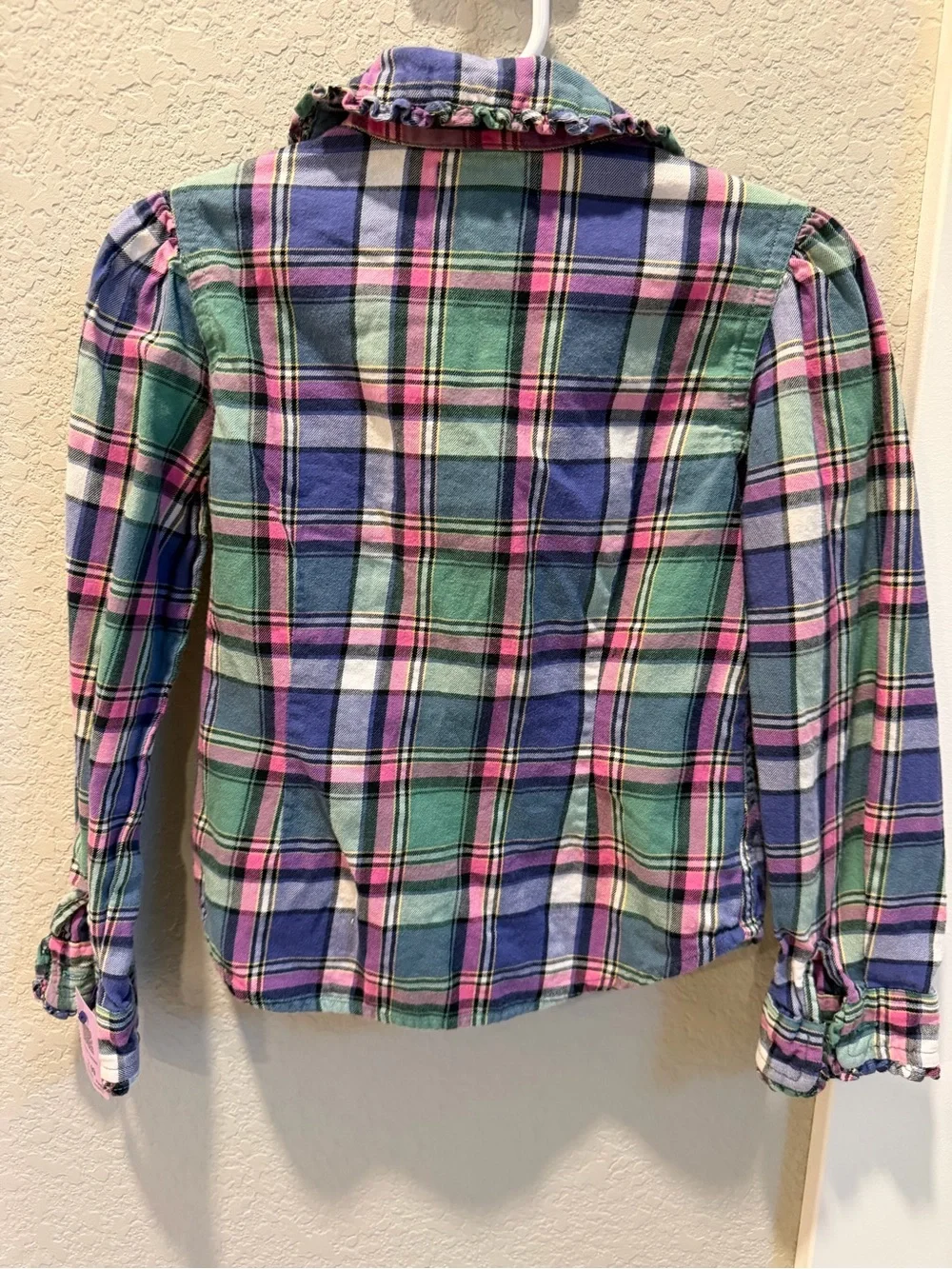 Ralph Lauren Girls Ruffle Plaid Button-Down — Green, Purple & Pink